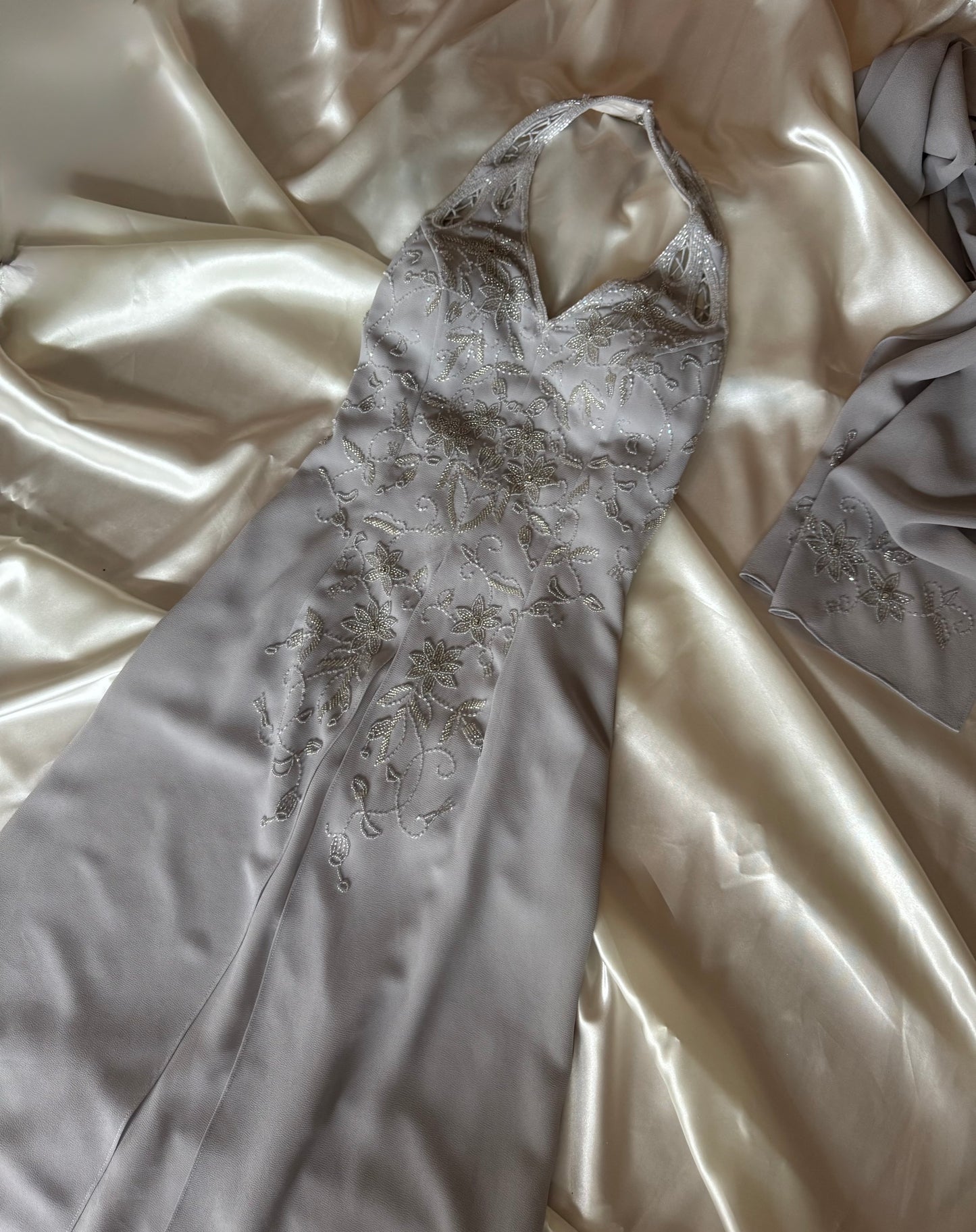 Gorgeous Gray Beaded Floral Vintage Royal Gown