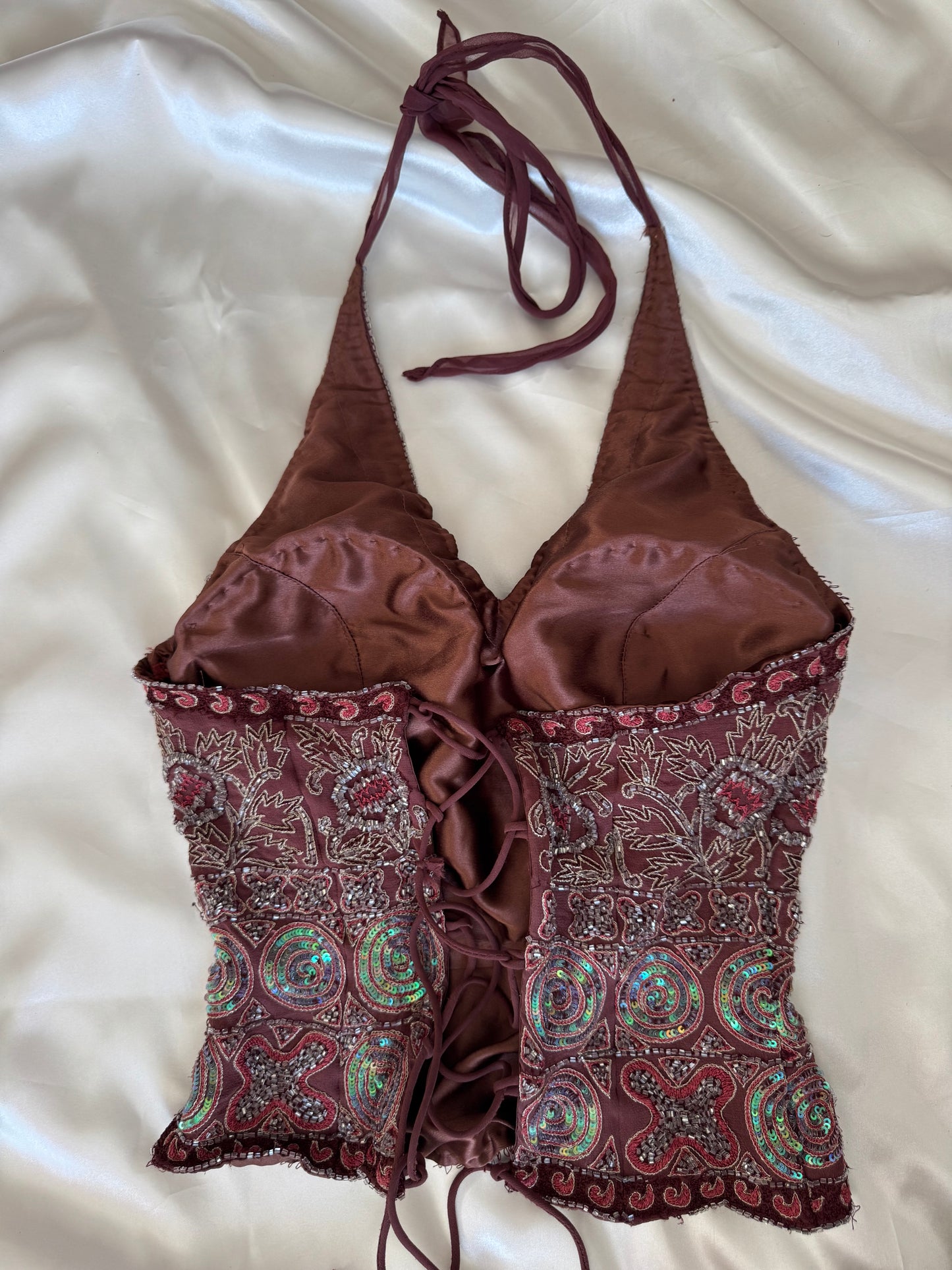 Brown Beaded Silk Vintage Top