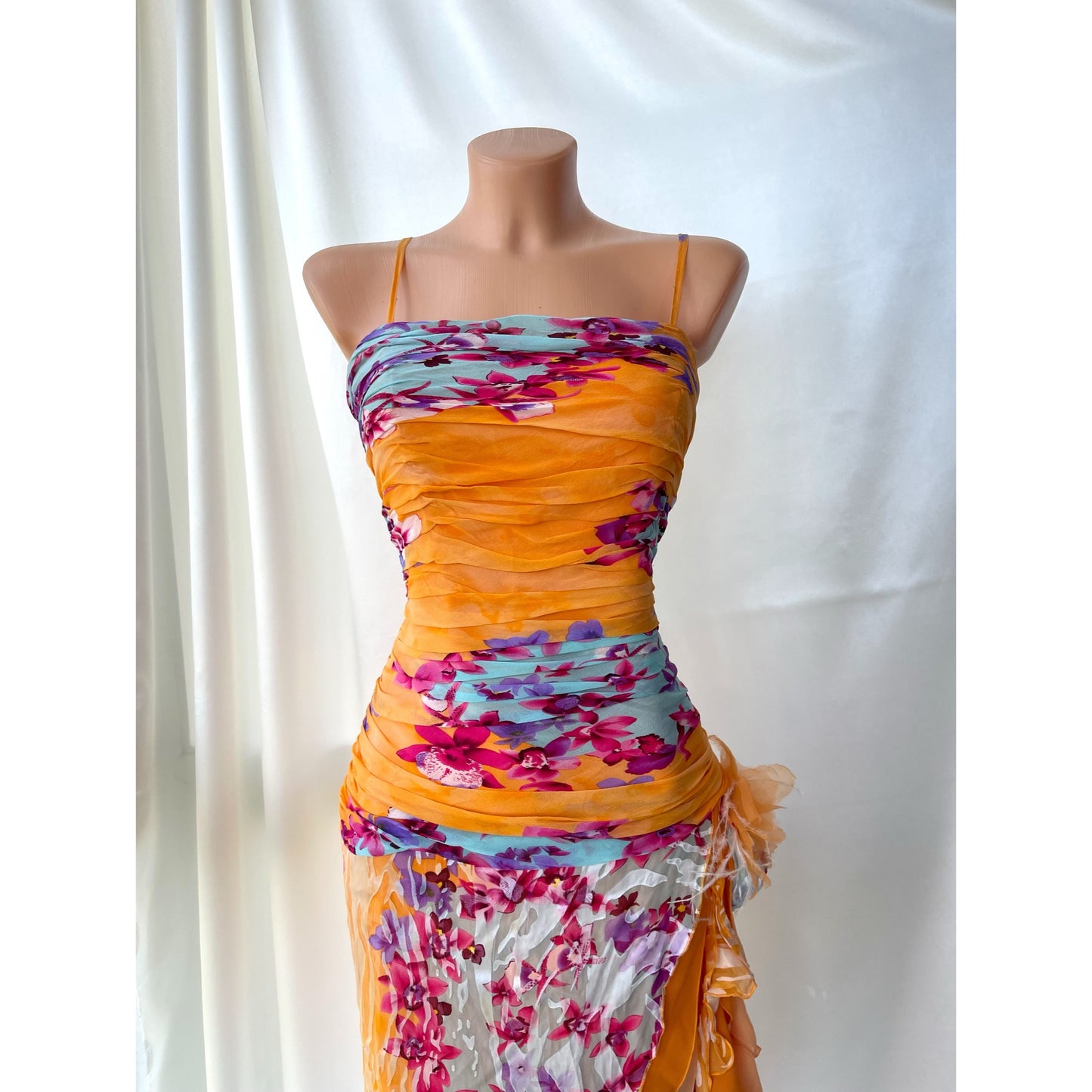Beautiful Floral Orange Silk Vintage Dress