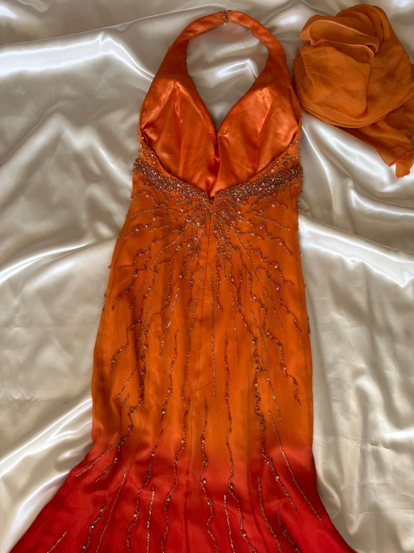 Stunning Beaded Vintage Orange Ombre Silk Dress