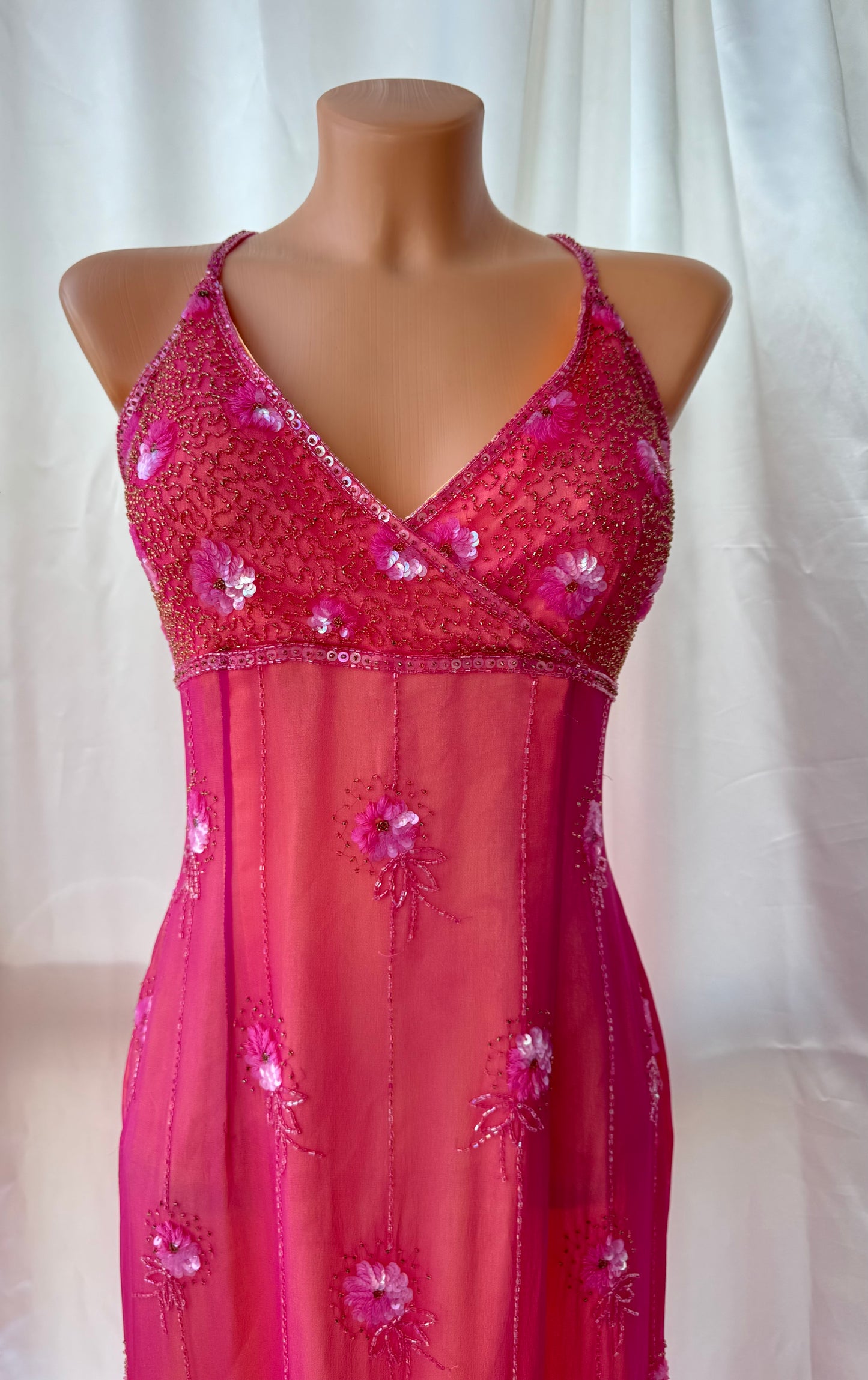 Stunning Beaded Vintage Pink Flower Silk Dress