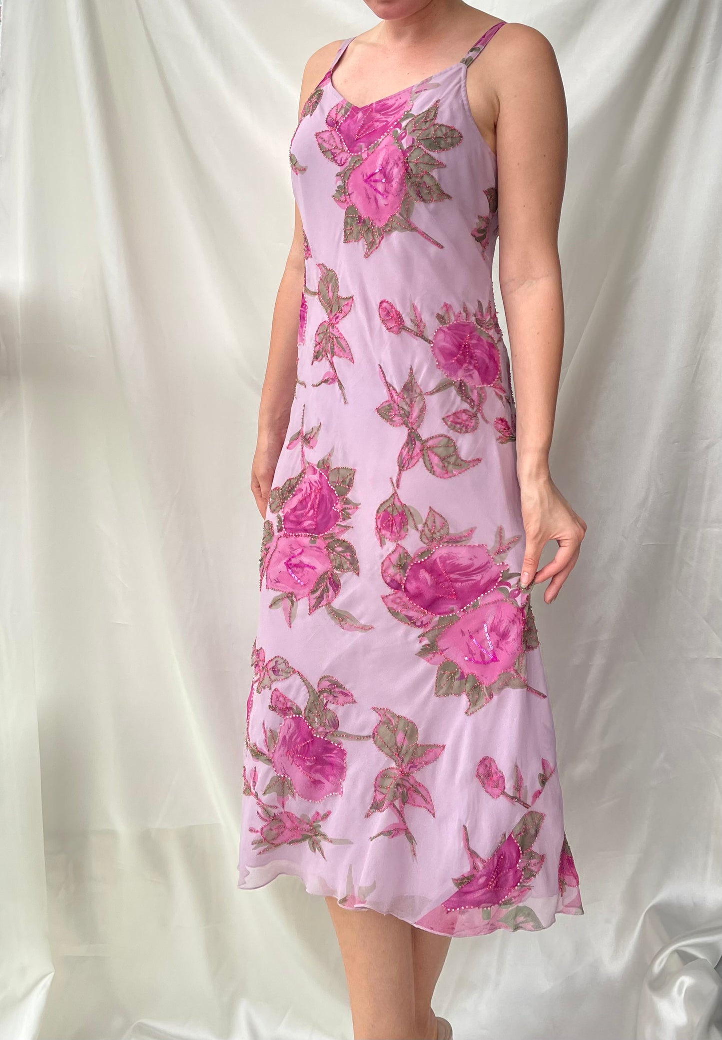 Elegant Pink Beaded Floral Dress