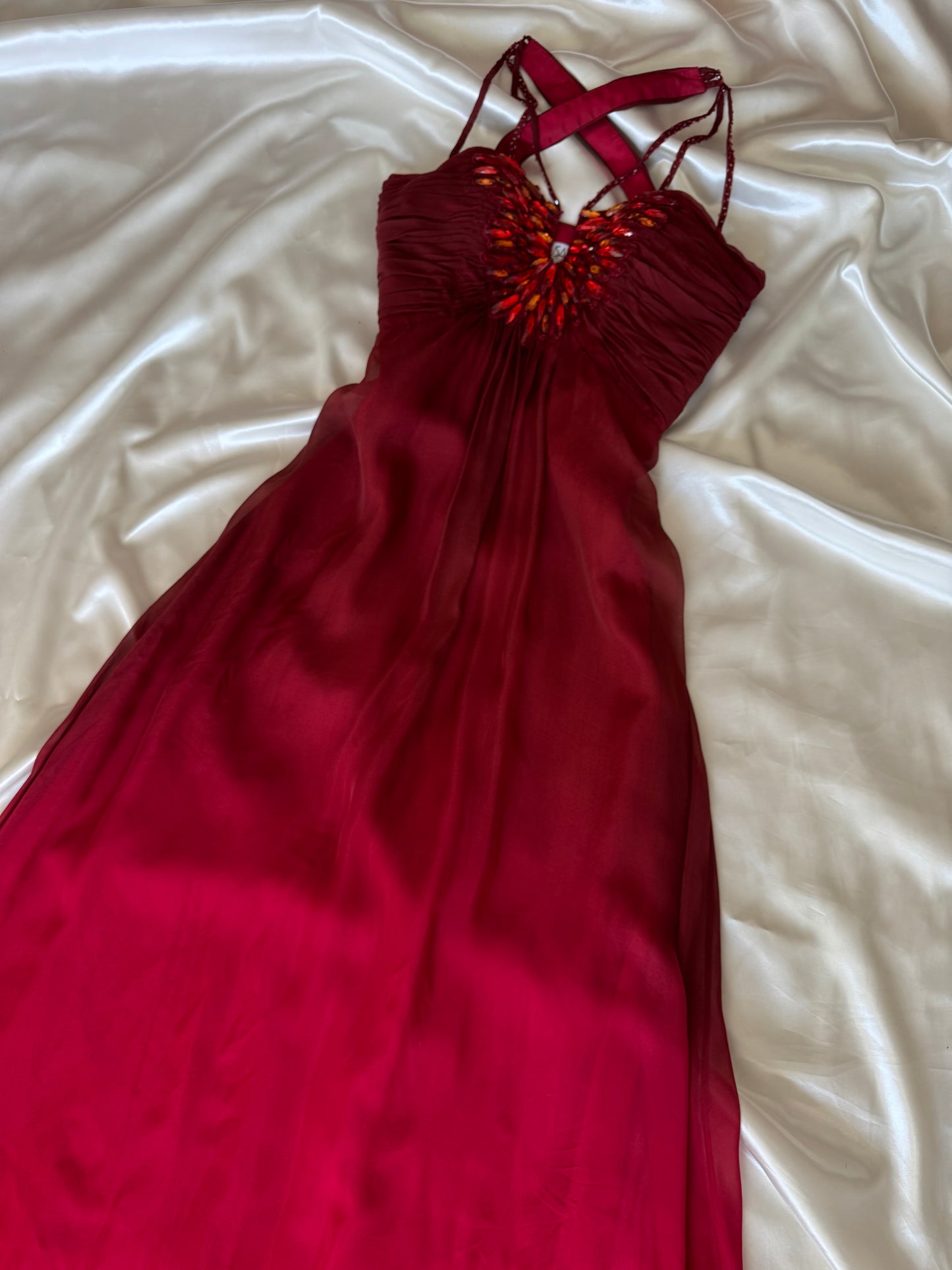 Vintage Long Red Beaded Silk Dress