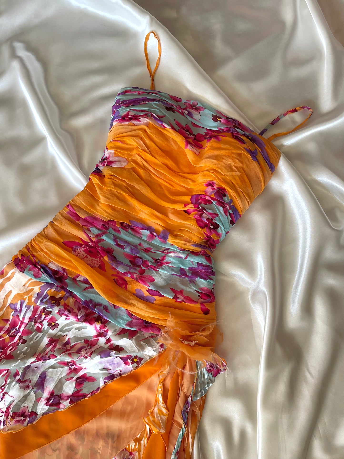 Beautiful Floral Orange Silk Vintage Dress
