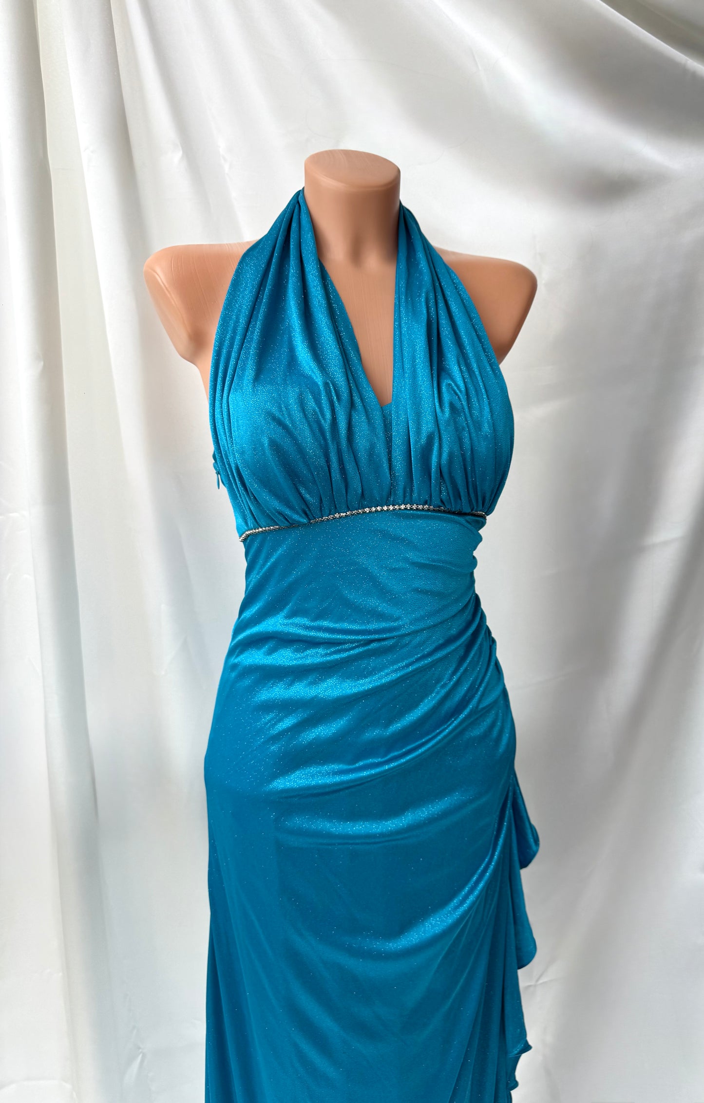 Sparkly Turquoise Blue Halter Neck Vintage Dress