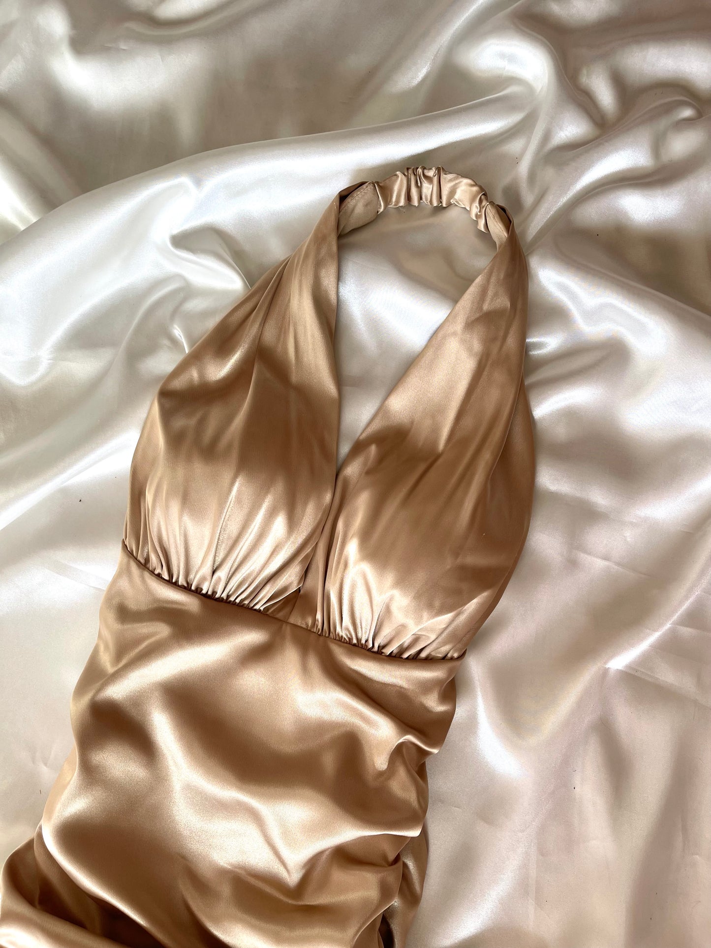 Beautiful Champagne Satin Side Rutched Vintage Dress