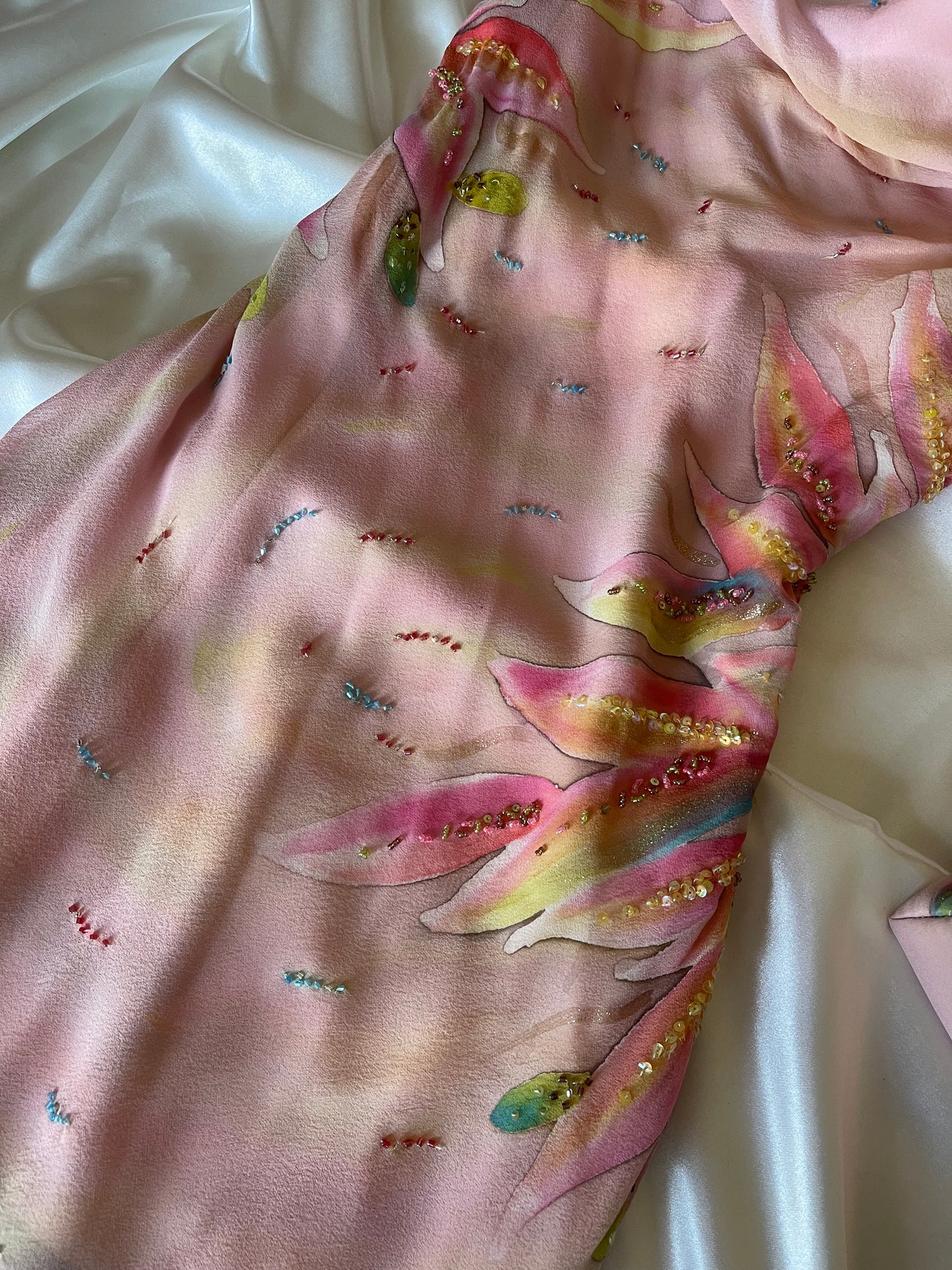 Spectacular Pink & Yellow Beaded Silk Dress