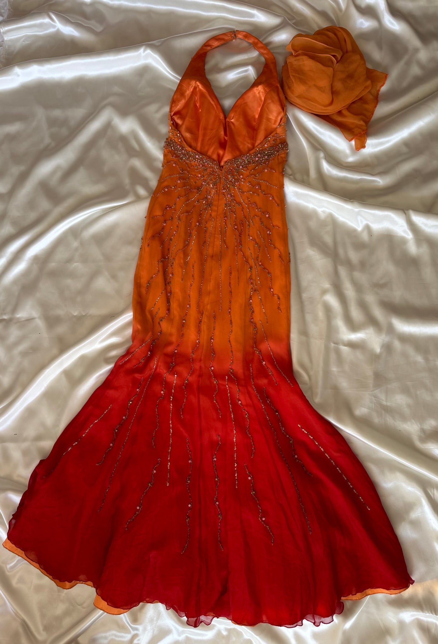 Stunning Beaded Vintage Orange Ombre Silk Dress