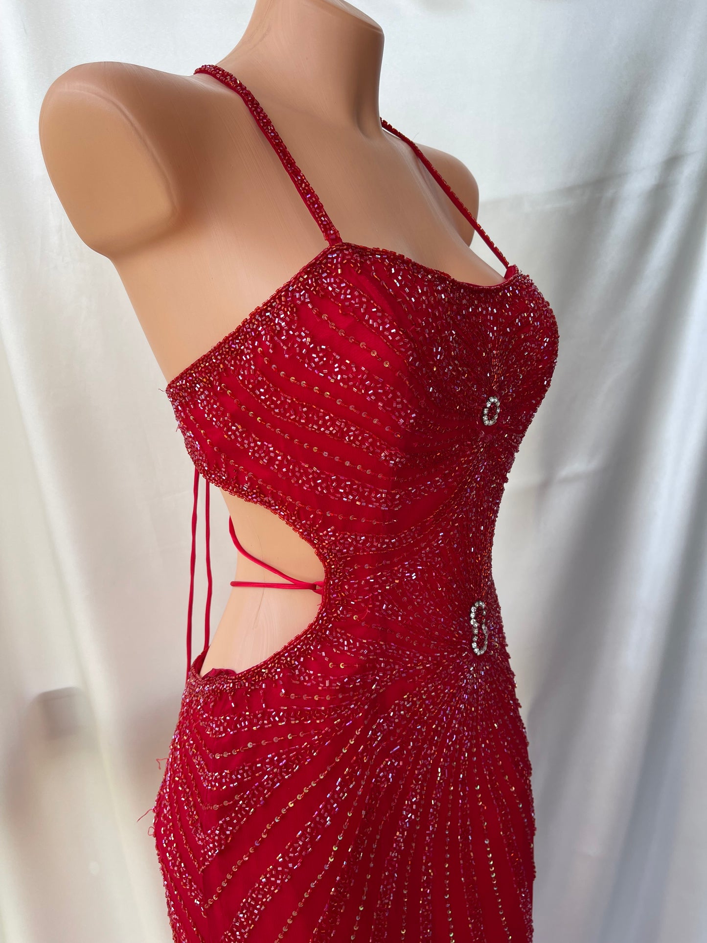 Red Beaded Cut Out Vintage Dress