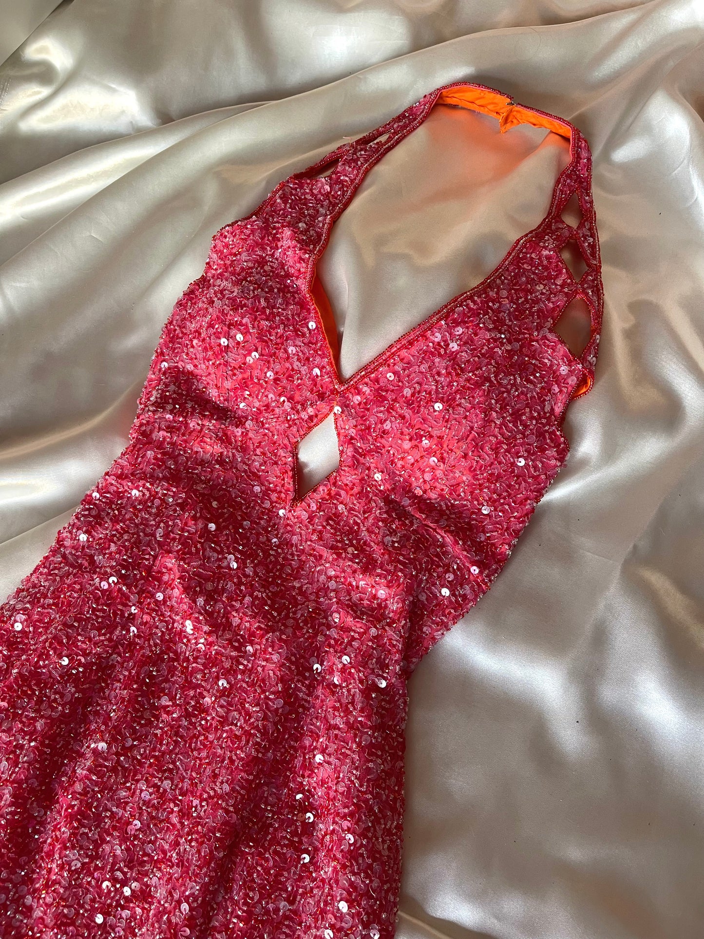 Vintage Long Pink Halter Neck Beaded Dress