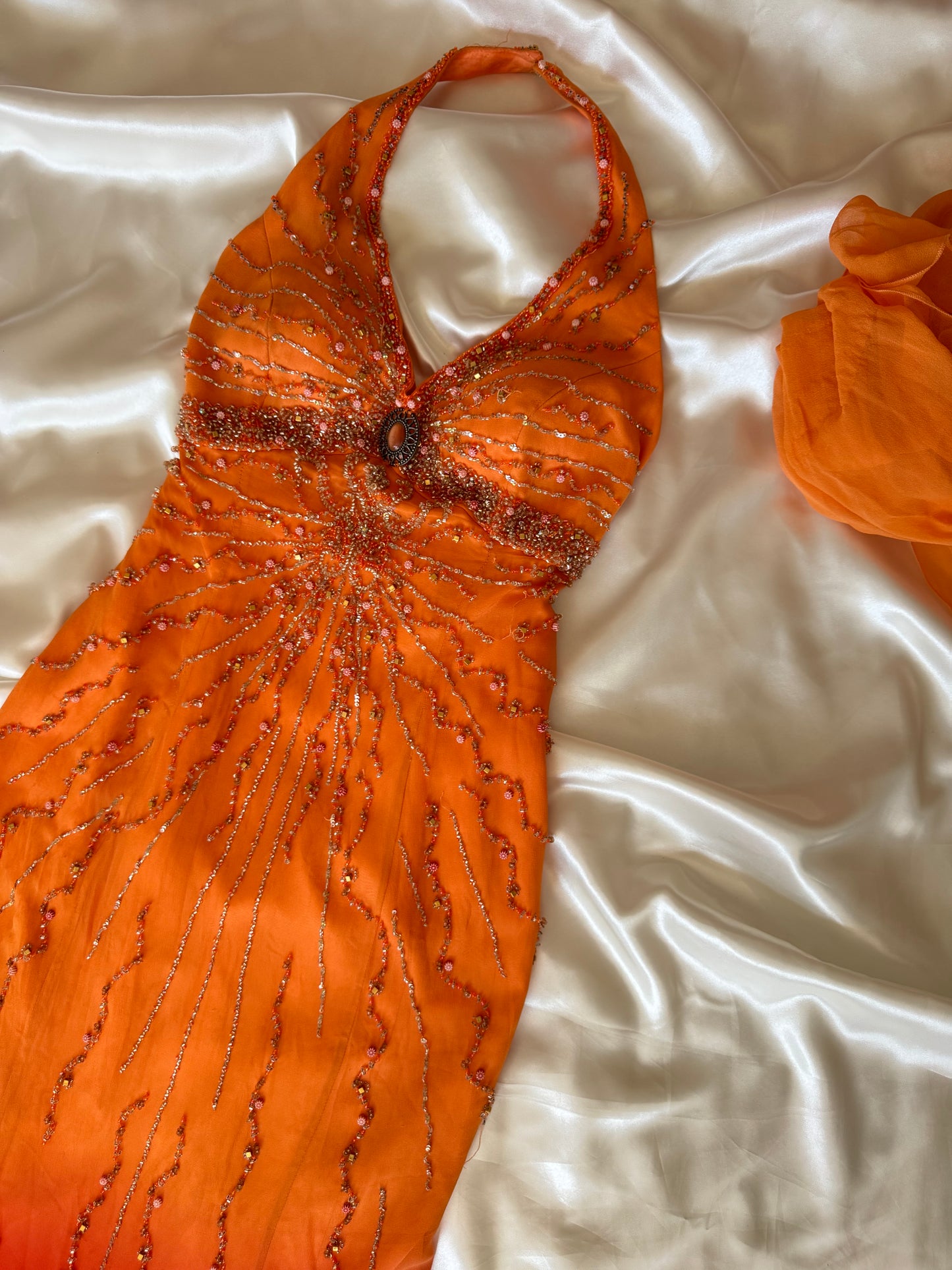 Stunning Beaded Vintage Orange Ombre Silk Dress