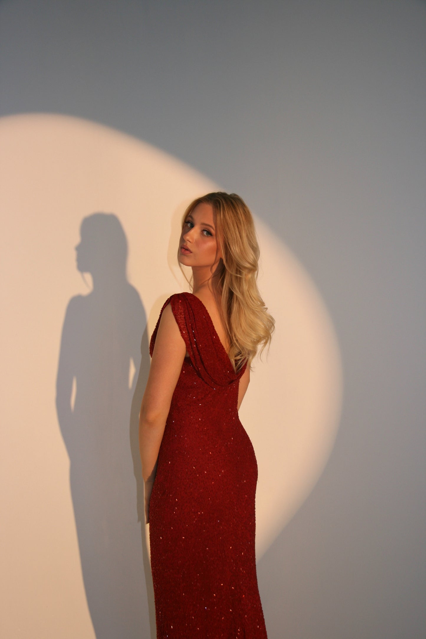 Vintage Long Red Beaded Cowl Neck Dress