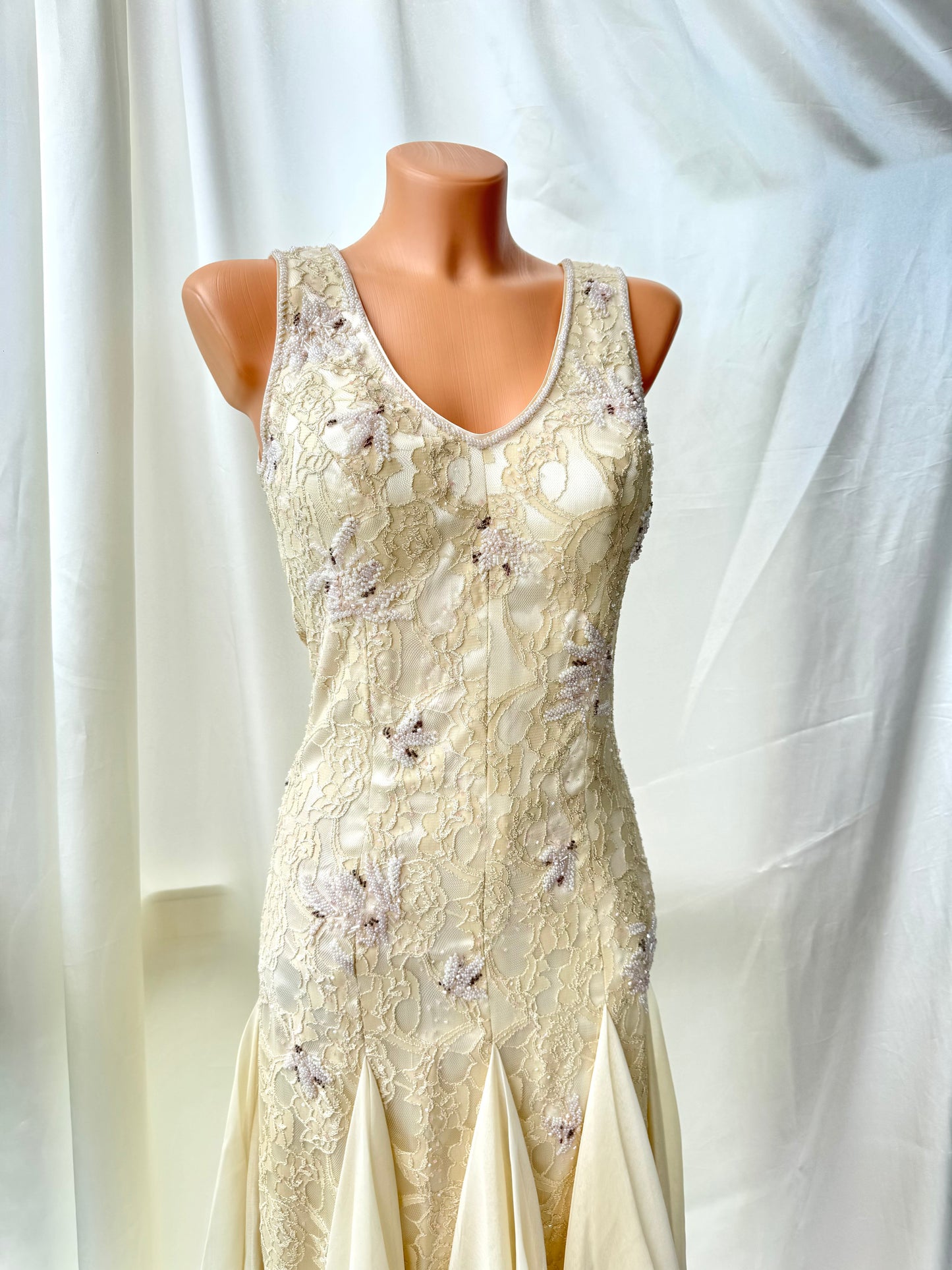 Cream Beaded Vintage Ruffle Dress