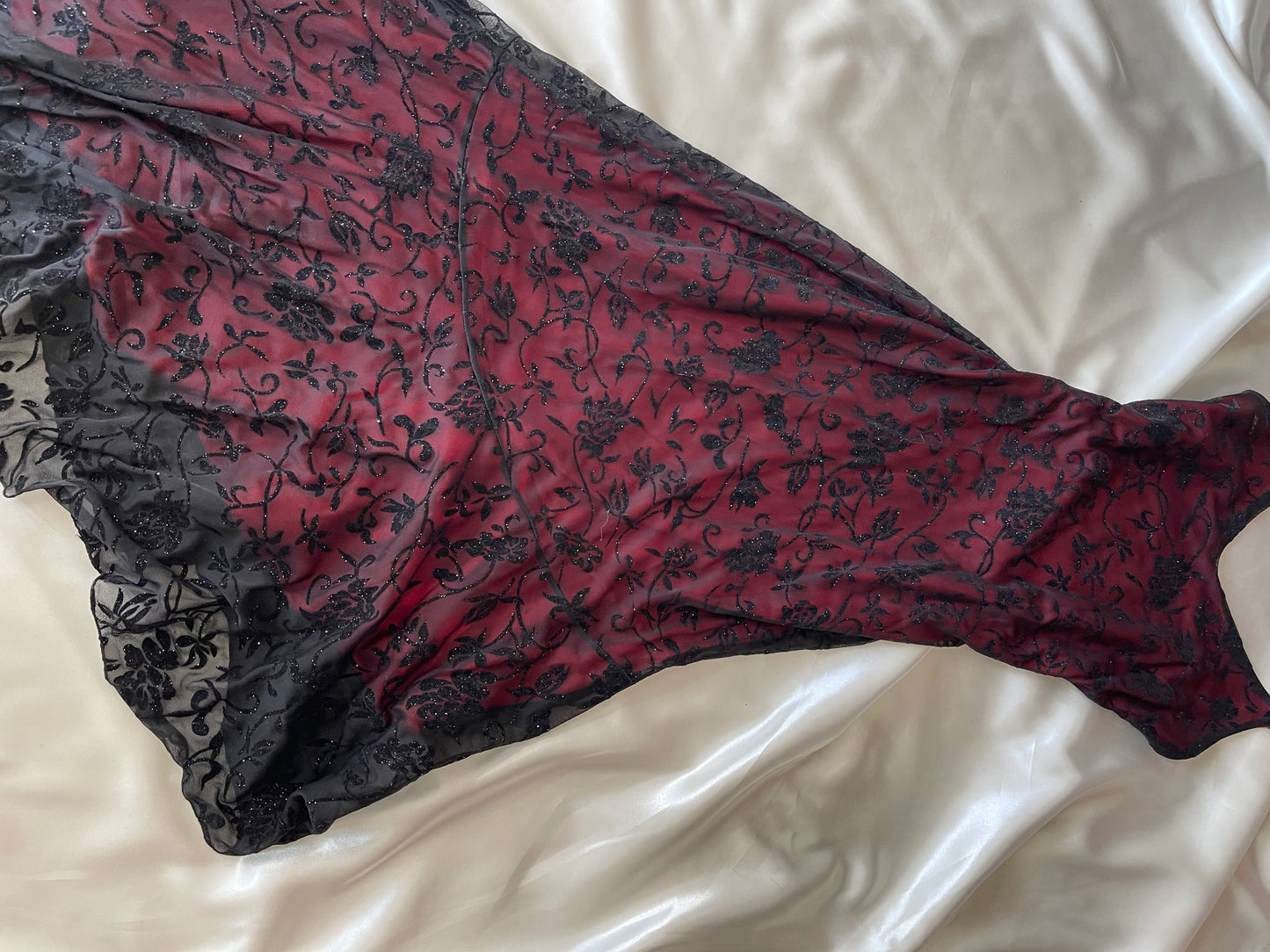 Red & Black Floral Sparkly Velvet Gothic Vintage Dress