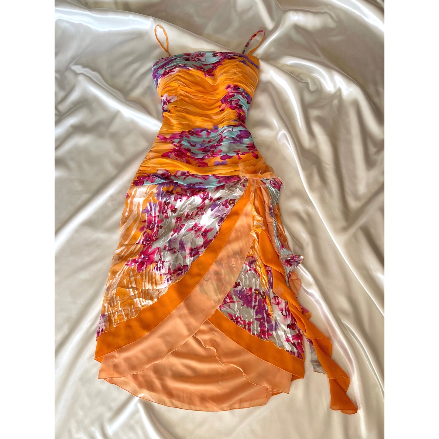Beautiful Floral Orange Silk Vintage Dress
