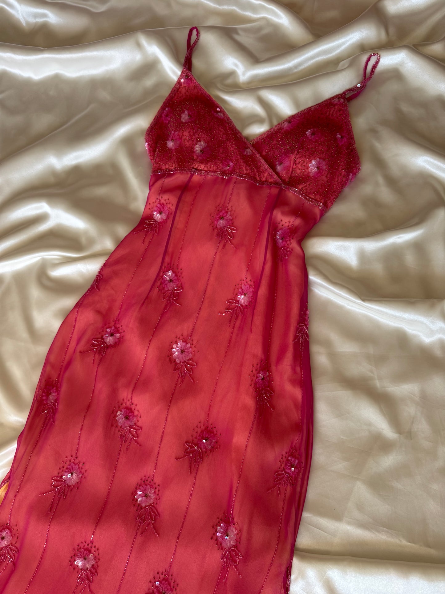 Stunning Beaded Vintage Pink Flower Silk Dress