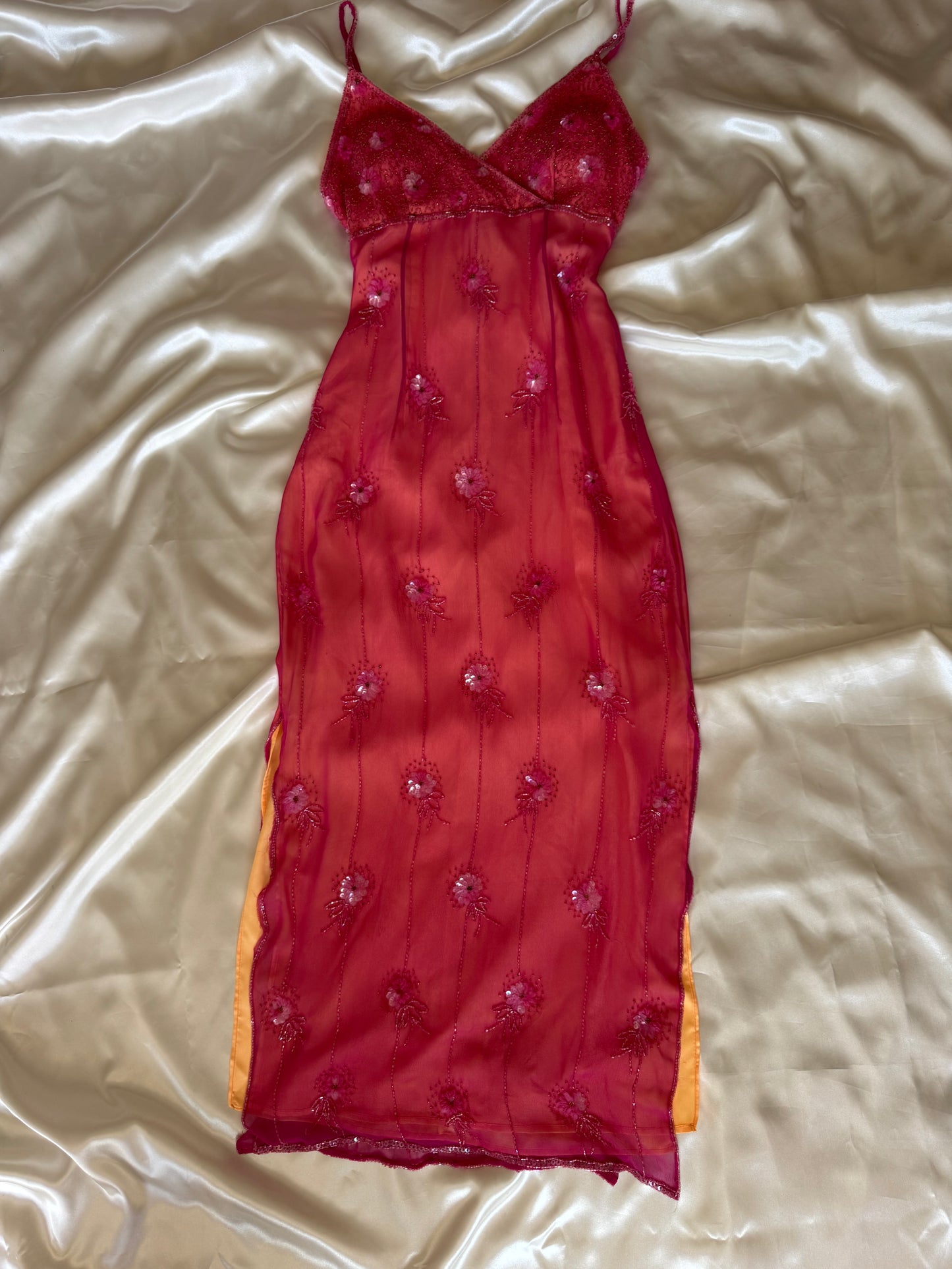 Stunning Beaded Vintage Pink Flower Silk Dress