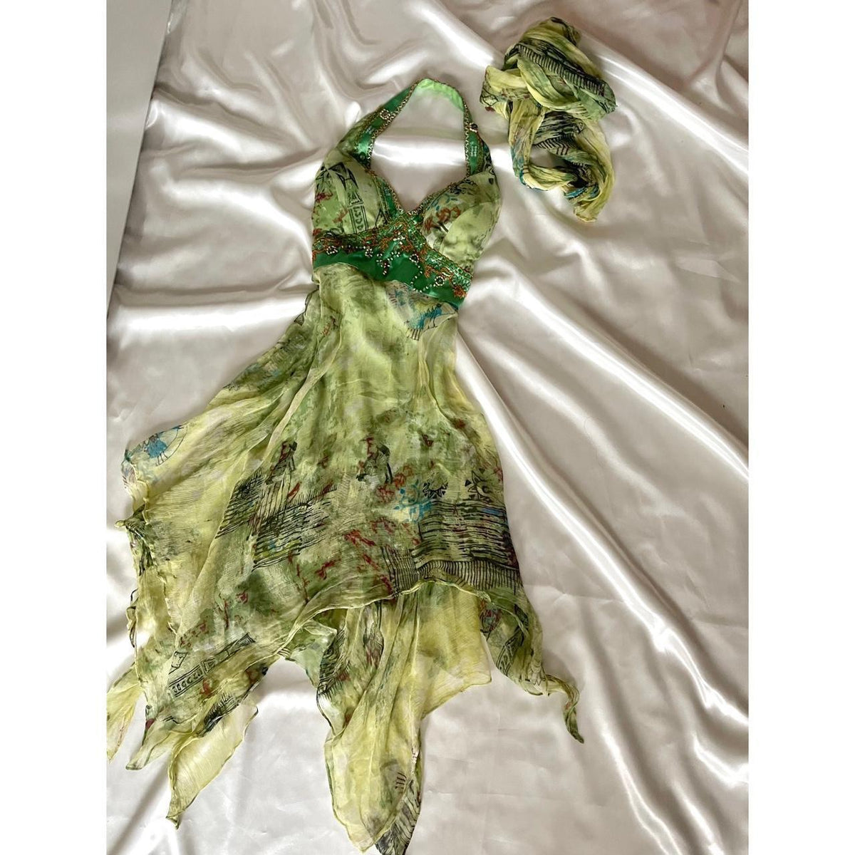 Green Silk Beaded Vintage Dress