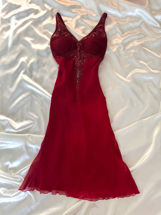 Red Beaded Silk Vintage Dress