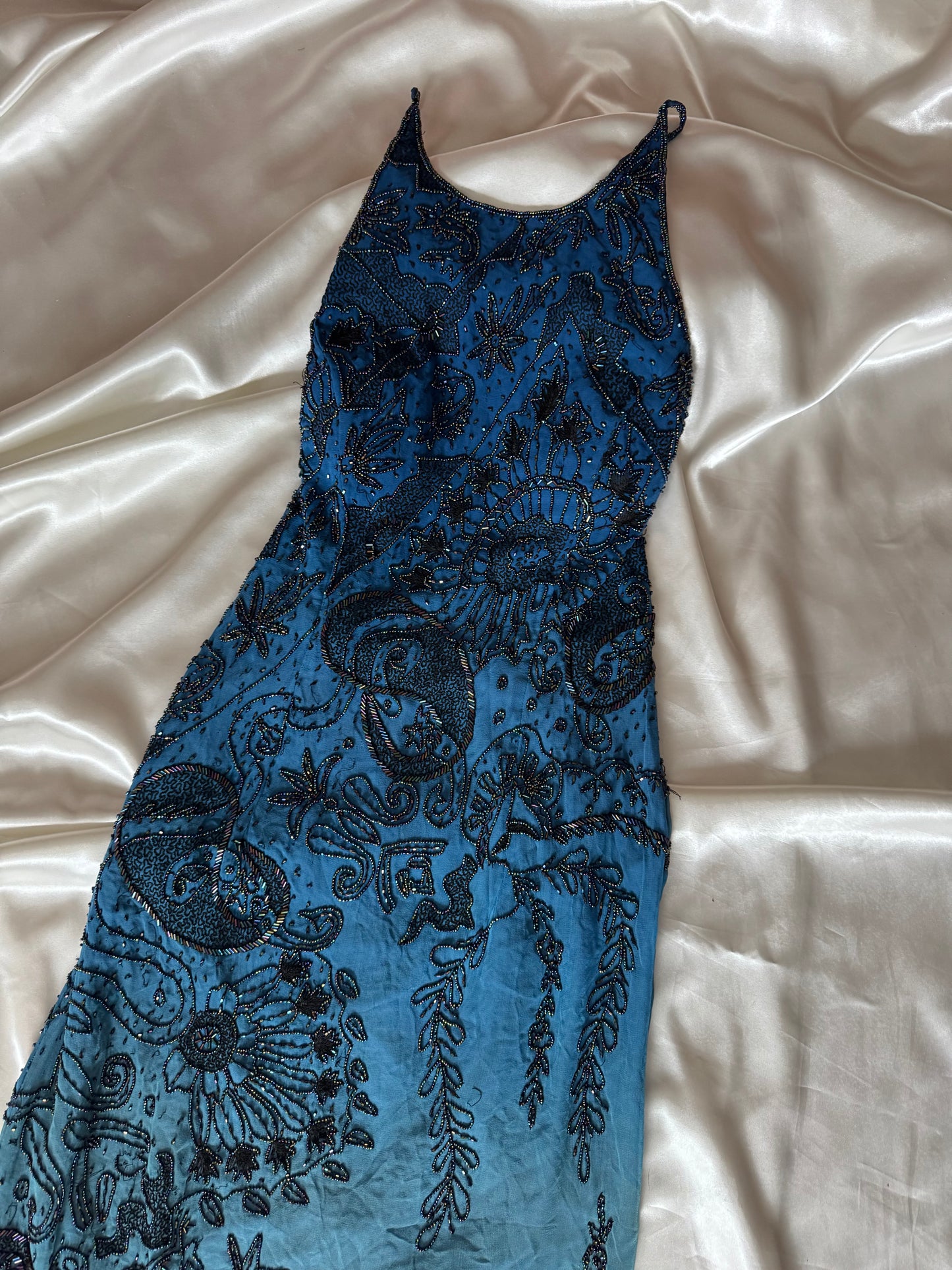 Spectacular Blue Maxi Silk Beaded Vintage Dress