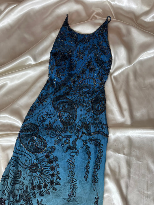 Spectacular Blue Maxi Silk Beaded Vintage Dress