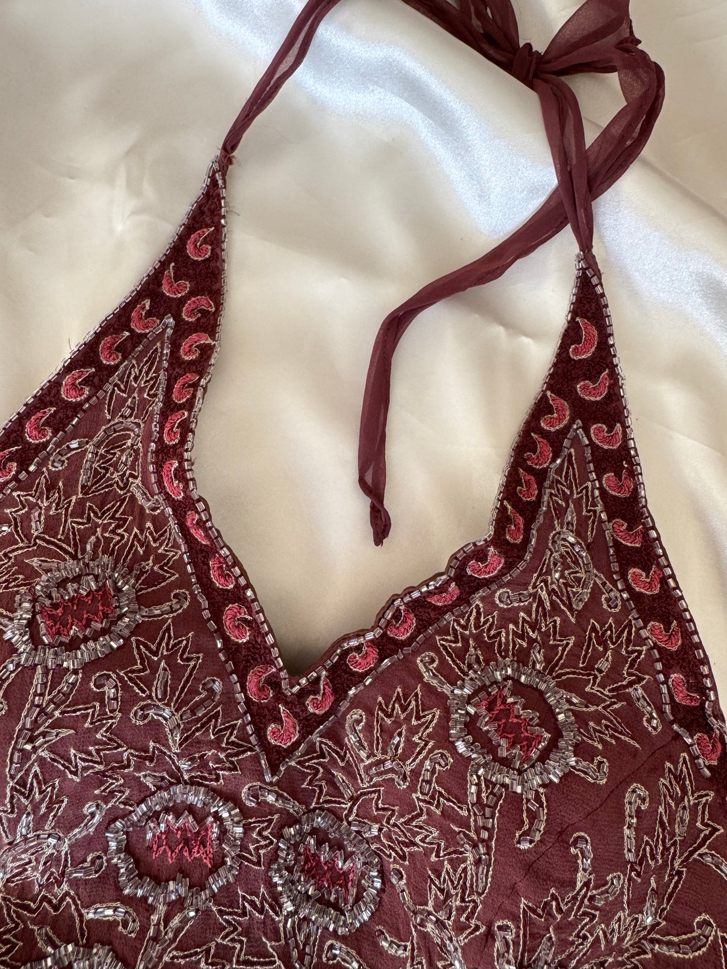 Brown Beaded Silk Vintage Top