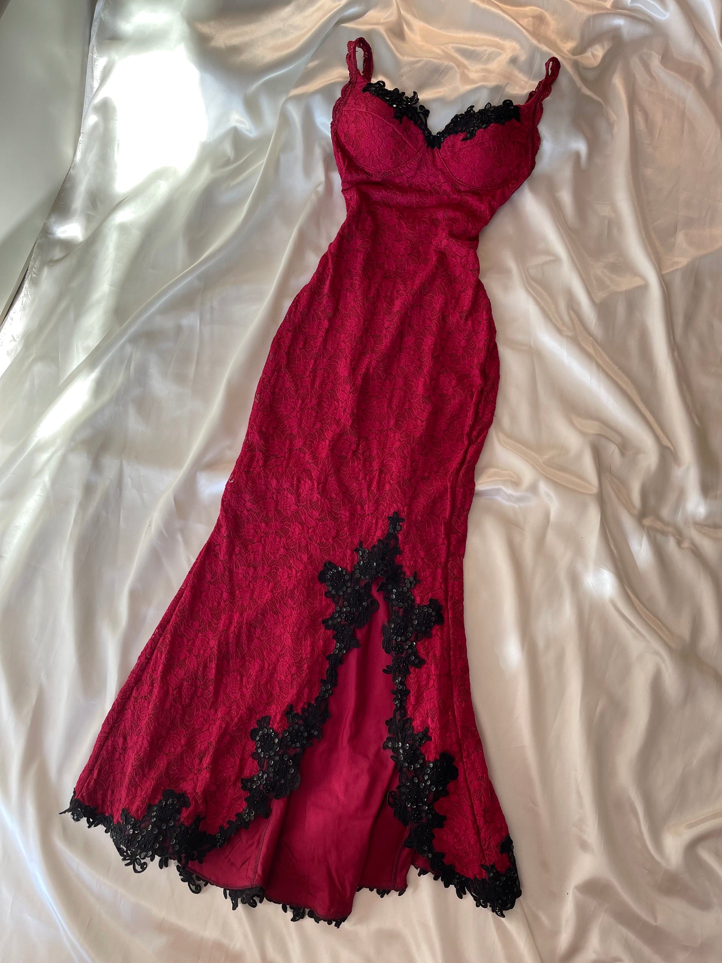 Red Vintage Gown with Black Lace Detailing