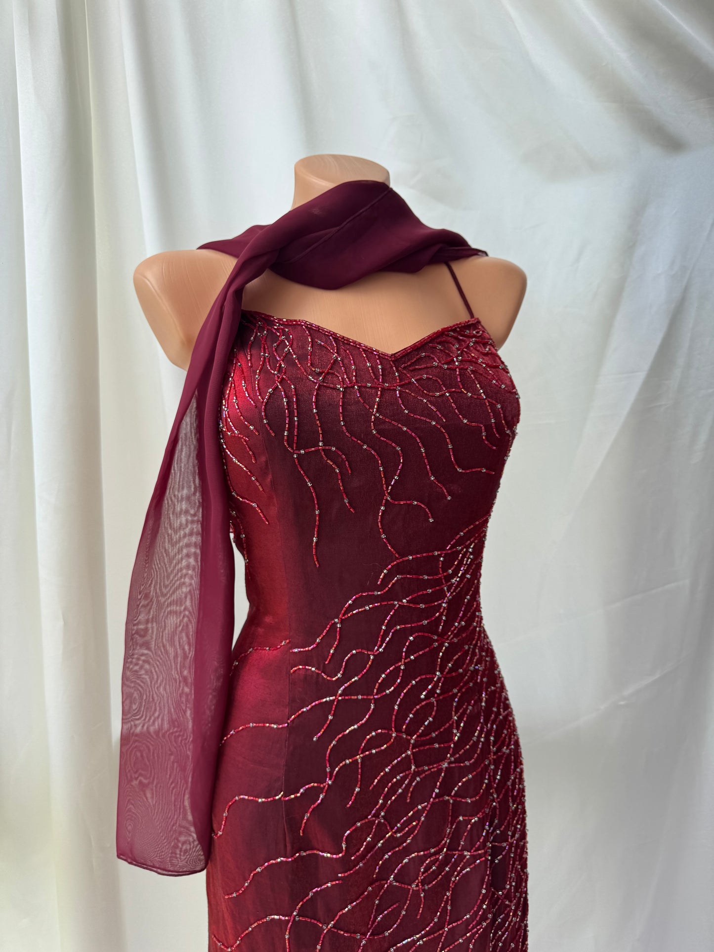 Red Flame Vampy Long Vintage Satin Beaded Gown