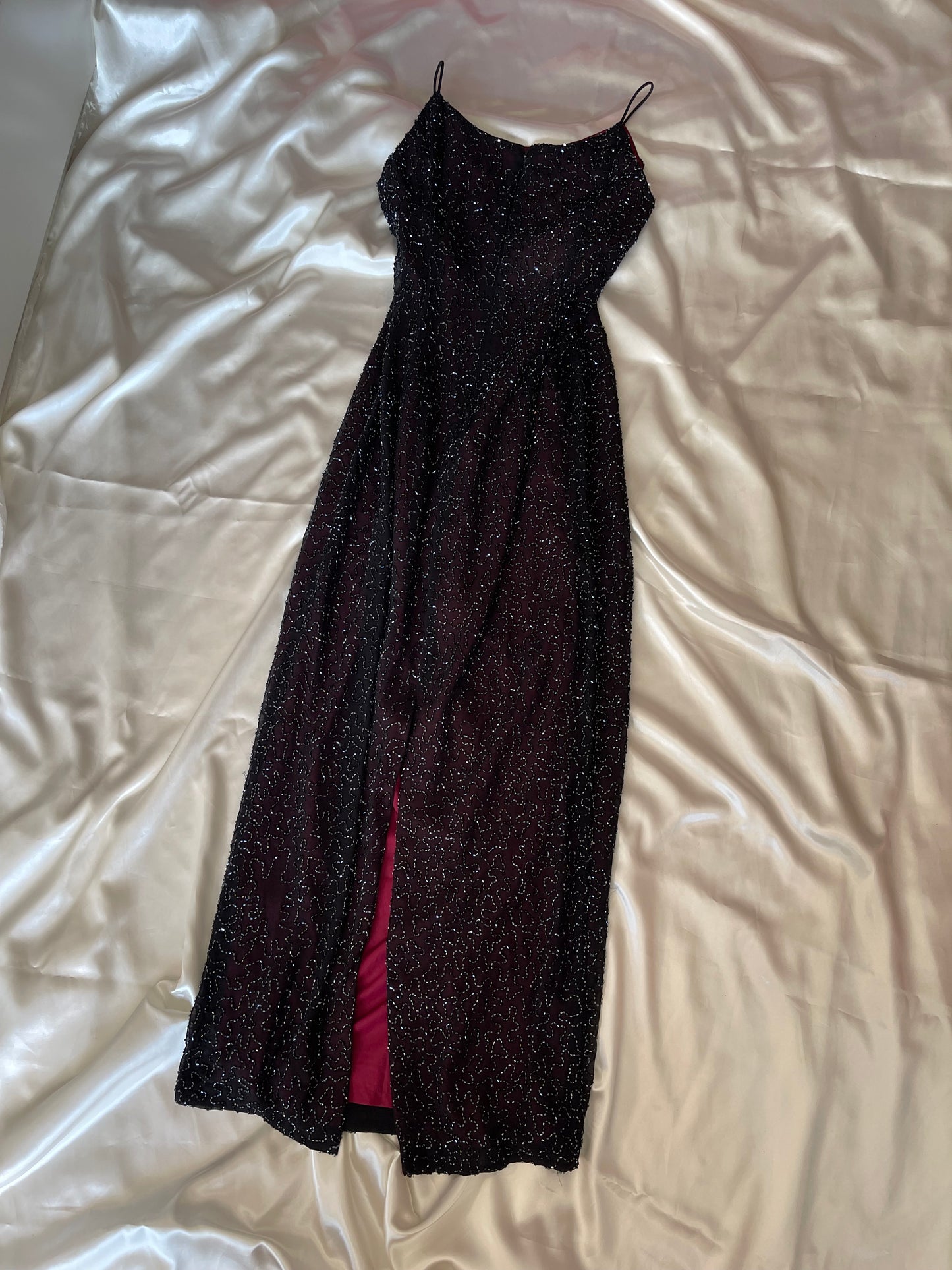 Long Burgundy Beaded Vintage Dress