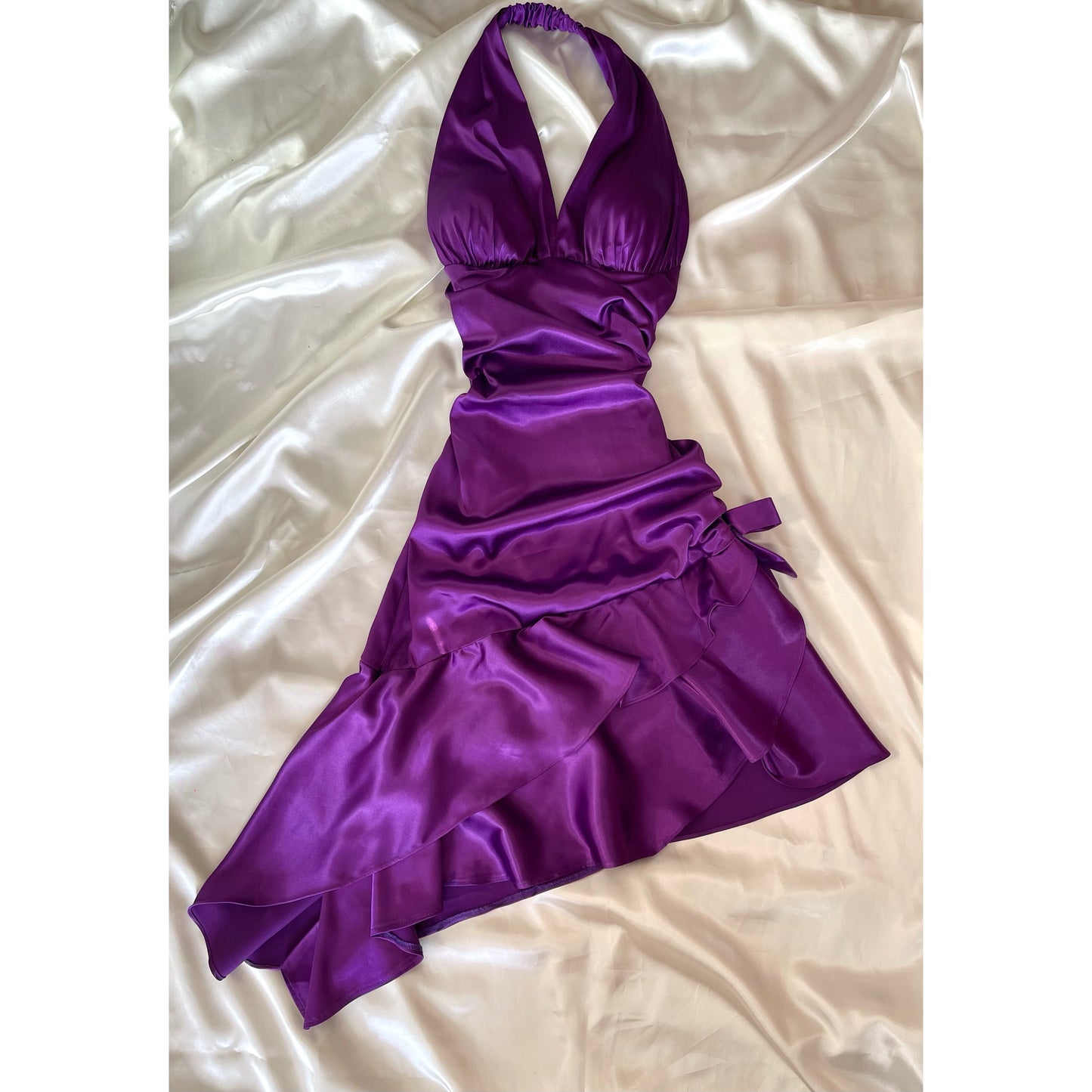 Beautiful Purple Satin Side Rutched Vintage Dress