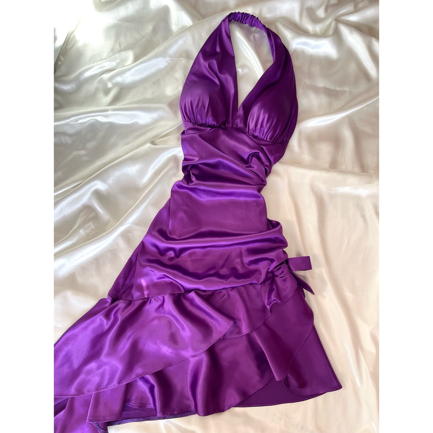 Beautiful Purple Satin Side Rutched Vintage Dress